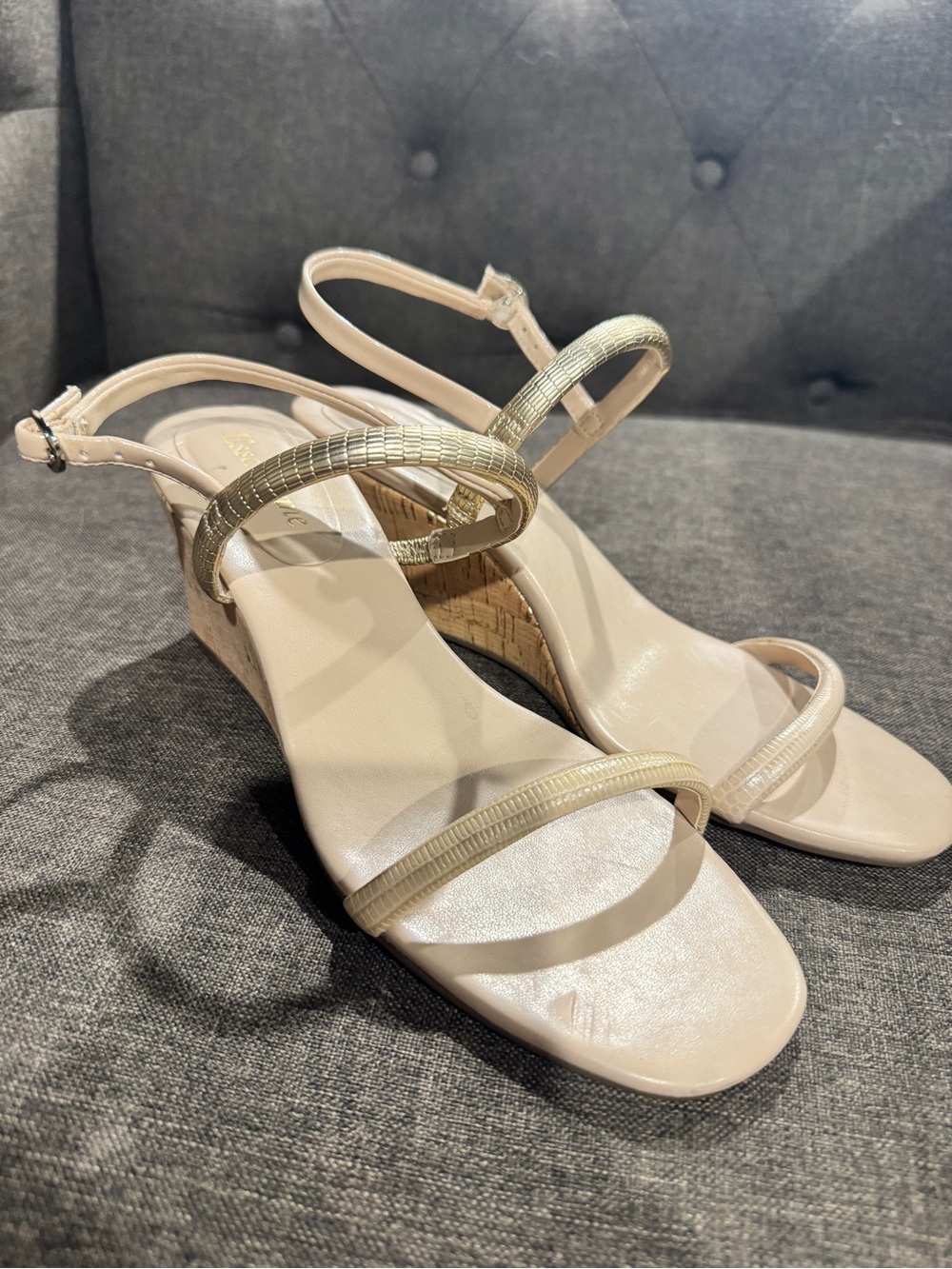 Essex Lane Daniela 8 Wedge Sandals with Gold Accent Straps - Nude